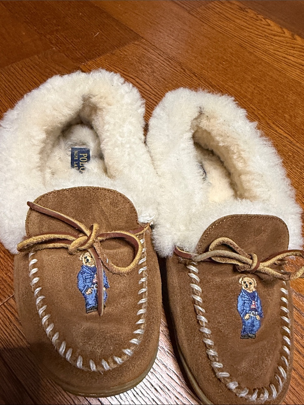 Polo by Ralph Lauren Brown Suede Bear Shearling Moccasin Slippers